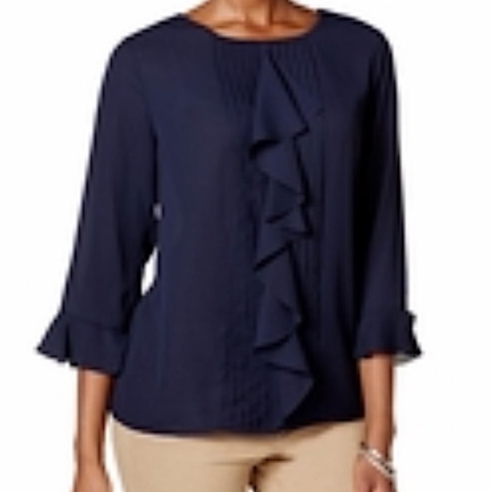 Charter Club Women’s Solid Ruffled Pintuck Navy Blue Top Fluted Sleeve Blouse